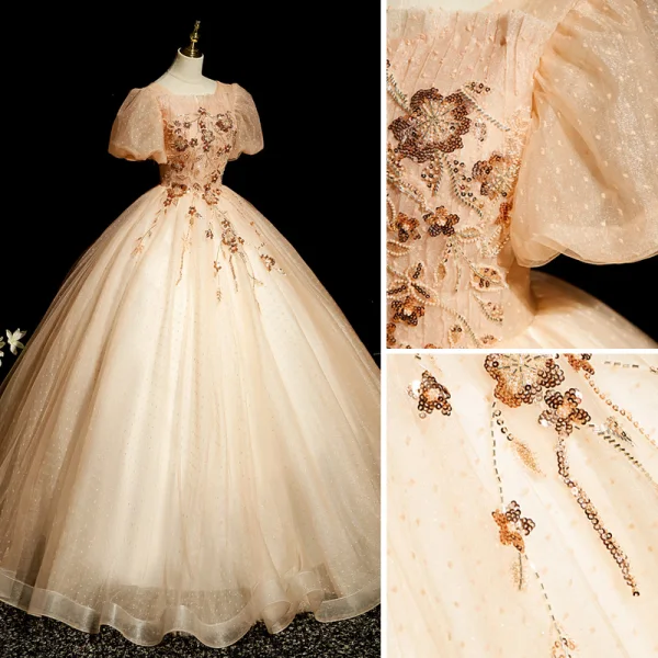 Elegant Champagne Beading Sequins Prom Dresses 2022 Ball Gown Scoop Neck Short Sleeve Backless Floor-Length / Long Prom Formal Dresses
