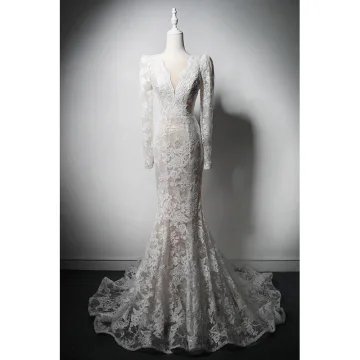 Haut De Gamme Ivoire Fait Main Brodé Perle Paillettes En Dentelle Fleur Robe De Mariée 2024 Trompette Sirène Col V Profond Manches Longues Train De Balayage