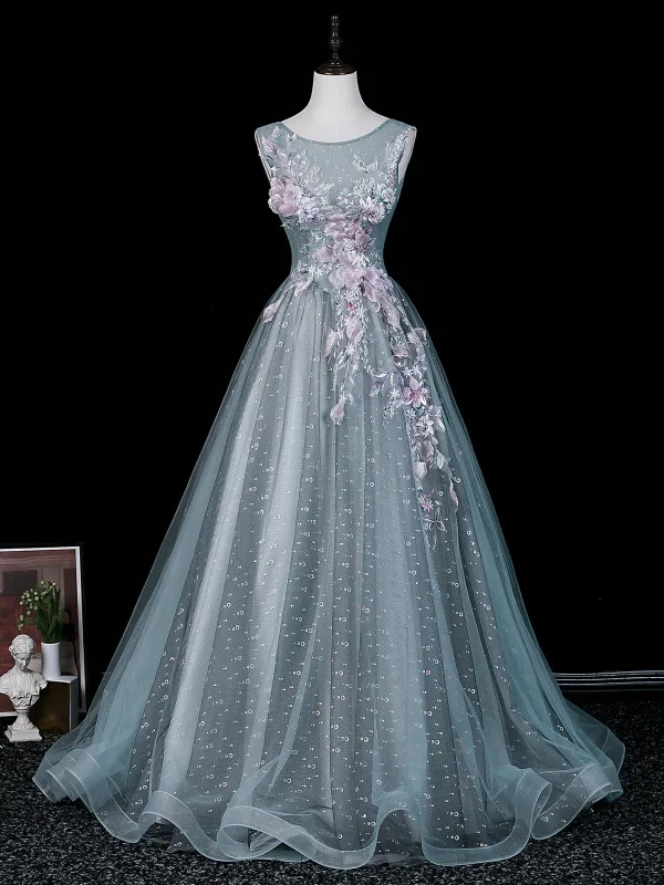 Vintage Taubenblau Spitze Blumen Applikationen Pailletten Ballkleider 2026 Ballkleid Rundhalsausschnitt Ärmellos Rückenfreies