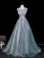 Vintage Taubenblau Spitze Blumen Applikationen Pailletten Ballkleider 2026 Ballkleid Rundhalsausschnitt Ärmellos Rückenfreies