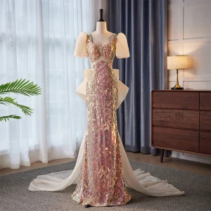 Charming Champagne Sequins Evening Dresses 2023 Trumpet Mermaid Square Neckline Puffy Short Sleeve Backless Bow Sweep Train Evening Party Formal Dresses