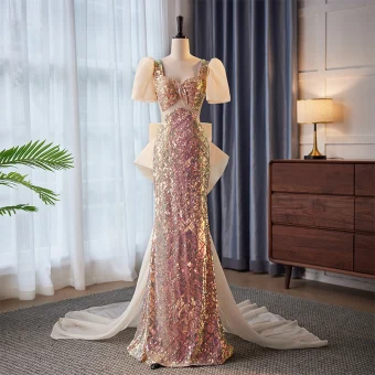 Charming Champagne Sequins Evening Dresses 2023 Trumpet Mermaid Square Neckline Puffy Short Sleeve Backless Bow Sweep Train Evening Party Formal Dresses