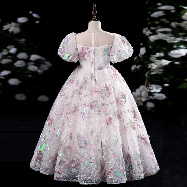 Chic / Beautiful Blushing Pink Prom Flower Girl Dresses Ball Gown 2022 Scoop Neck Beading Multi-Colors Sequins Puffy Short Sleeve Floor-Length / Long Flower Girl Dresses