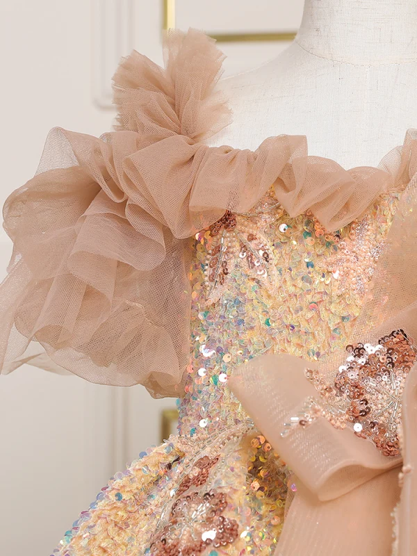 Scintillantes Champagne Perlage Paillettes Anniversaire Courte Robe Ceremonie Fille 2024 Robe Boule Encolure Carrée Manches Courtes Dos Nu