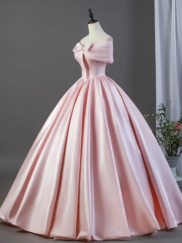 Lovely Blushing Pink Bow Satin Prom Dresses 2026 Ball Gown Off-The-Shoulder Short Sleeve Backless