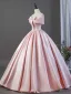 Lovely Blushing Pink Bow Satin Prom Dresses 2026 Ball Gown Off-The-Shoulder Short Sleeve Backless