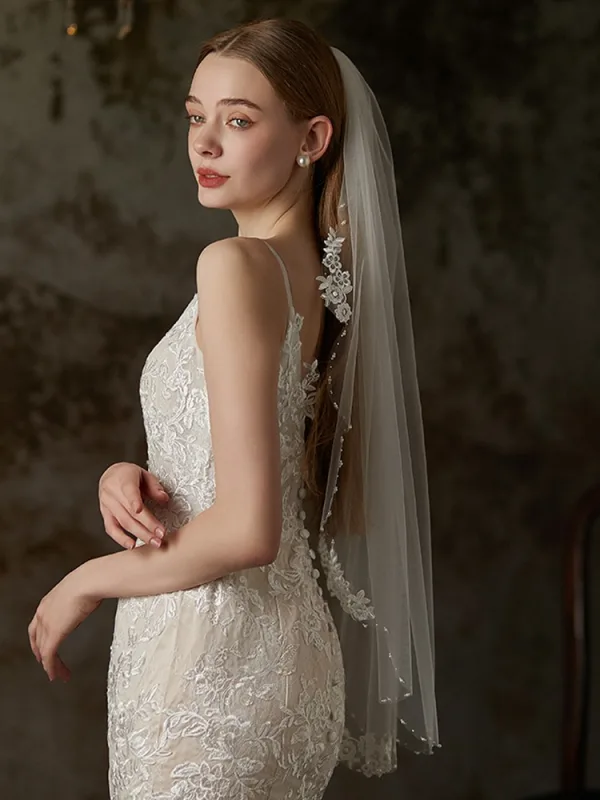 Élégant Blanche Fait main Perle En Dentelle Fleur La Mariée Voile De Mariée 2025 Tulle