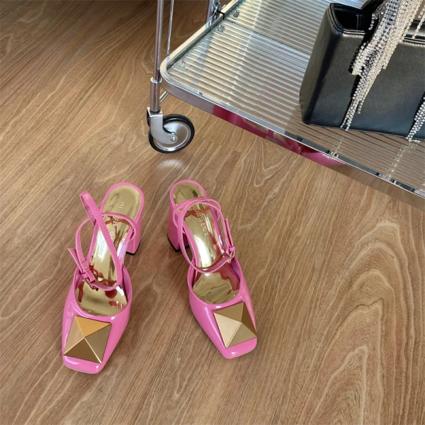 Vintage / Originale Fushia Vêtement de rue Sandales Femme 2022 Bride Cheville 9 cm Talons Épais Pied Carré Sandales Talons Hauts