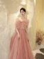Charmant Rougissant Rose Perlage Robe De Soirée 2023 Princesse Bretelles Spaghetti Noeud Sans Manches Dos Nu Longue Soirée Robe De Ceremonie