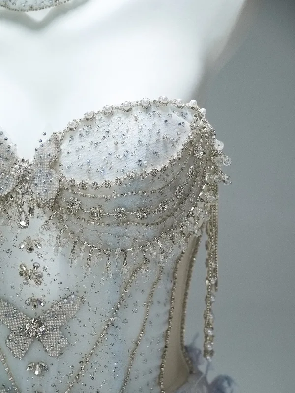 Luxury / Gorgeous Charming Sky Blue Handmade  Beading Rhinestone Pearl Appliques Prom Dresses 2025 Ball Gown Strapless Sleeveless Backless Floor-Length / Long