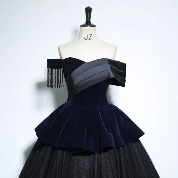 Vintage / Retro Navy Blue Beading Tassel Velvet Prom Dresses 2025 Ball Gown Off-The-Shoulder Short Sleeve Backless Floor-Length / Long Prom Formal Dresses