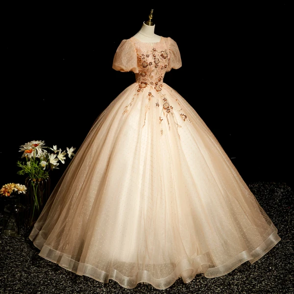 Elegant Champagne Beading Sequins Prom Dresses 2022 Ball Gown Scoop Neck Short Sleeve Backless Floor-Length / Long Prom Formal Dresses
