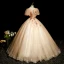 Elegant Champagne Beading Sequins Prom Dresses 2022 Ball Gown Scoop Neck Short Sleeve Backless Floor-Length / Long Prom Formal Dresses