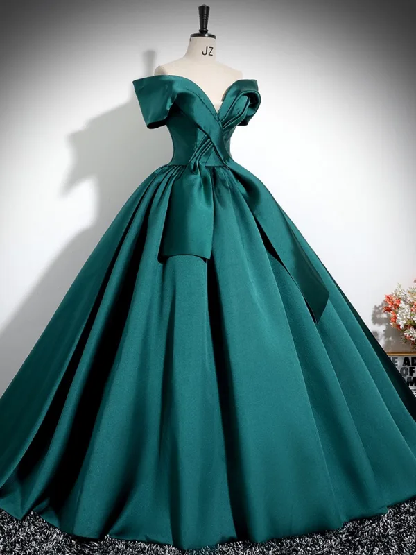 Elegant Dark Green Satin Prom Dresses 2024 Ball Gown Off-The-Shoulder Short Sleeve Backless Floor-Length / Long Prom Formal Dresses