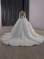Luxury / Gorgeous White Beading Pearl Sequins Lace Flower Wedding Dresses 2025 Ball Gown High Neck Long Sleeve Backless Court Train