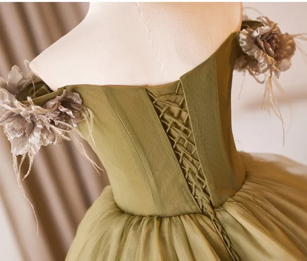 Elegant Clover Green Appliques Tassel Prom Dresses 2024 Ball Gown Off-The-Shoulder Sleeveless Backless Floor-Length / Long Prom Formal Dresses