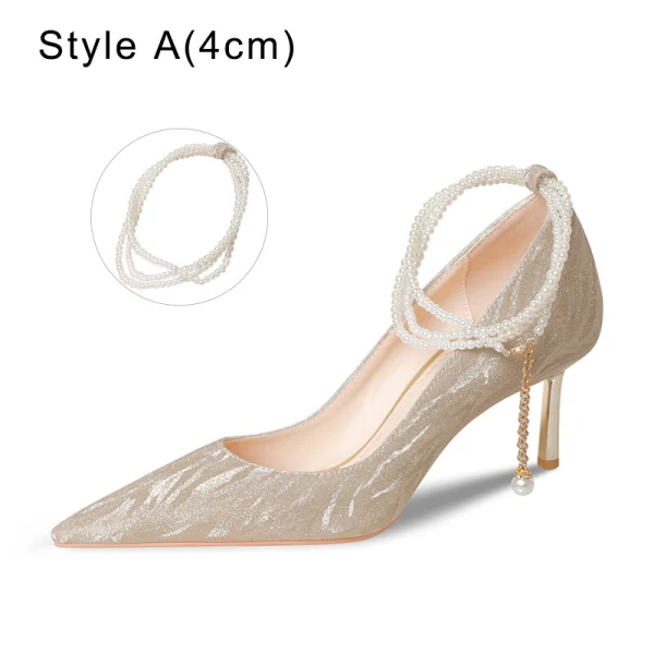 Charmant Champagne Paillettes Chaussure De Mariée 2022 Perle Bride Cheville 8 cm Talons Aiguilles À Bout Pointu Mariage Escarpins Talons Hauts