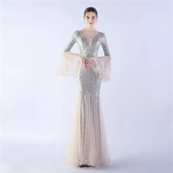 Sparkly Black Sequins Evening Dresses 2024 Trumpet / Mermaid V-Neck Bell sleeves Backless Floor-Length / Long Evening Party Formal Dresses
