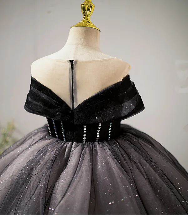 Fashion Black Rhinestone Sequins Cascading Ruffles Flower Girl Dresses 2023 Ball Gown Scoop Neck Birthday Short Sleeve Floor-Length / Long