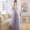 Elegant Purple Lace Flower Bridesmaid Dresses 2022 A-Line / Princess Beading Pearl Sequins Short Sleeve Backless Floor-Length / Long Bridesmaid Wedding Party Dresses