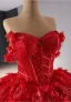 Haut de Gamme Rouge Perlage Perle Paillettes En Dentelle Fleur Appliques Robe De Bal 2024 Robe Boule De l'épaule Sans Manches Dos Nu Chapel Train Promo