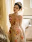 Blumenfee Champagner Perlenstickerei Pailletten Spitze Blumen Festliche Kleider 2025 Mit Umhang A Linie Bandeau Ärmellos Rückenfreies Lange Ballkleider