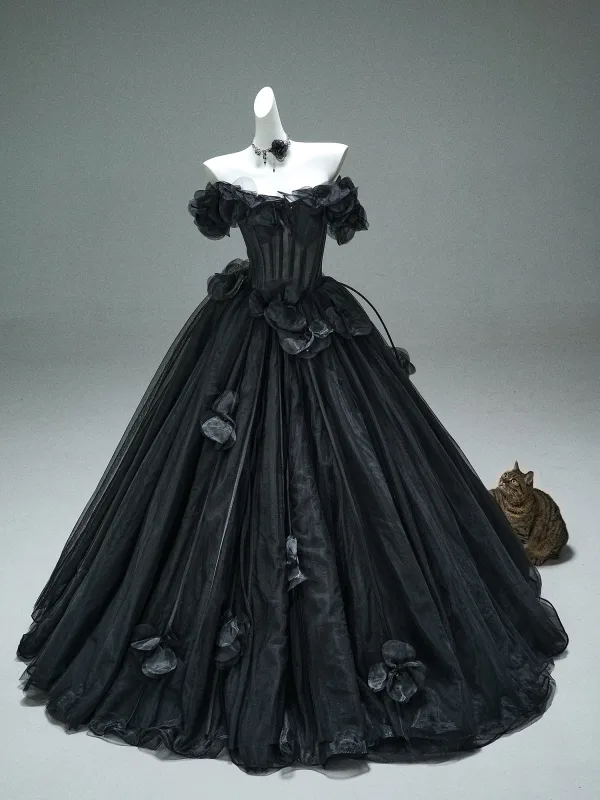Haut de Gamme Vintage / Originale Noire Appliques Robe De Bal Robe Boule 2025 De l'épaule Manches Courtes Dos Nu Train De Balayage Robe De Ceremonie