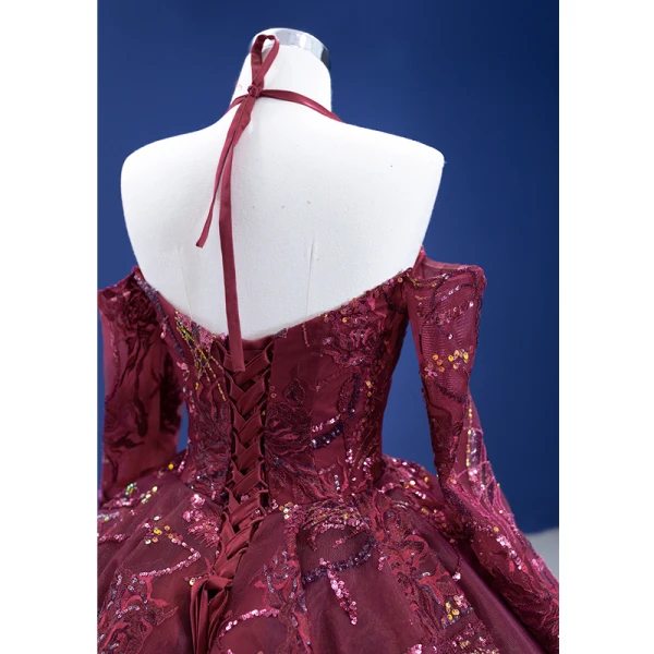High-end Vintage / Retro Burgundy Handmade  Sequins Lace Flower Prom Dresses 2023 Ball Gown Halter 3/4 Sleeve Backless Chapel Train Formal Dresses