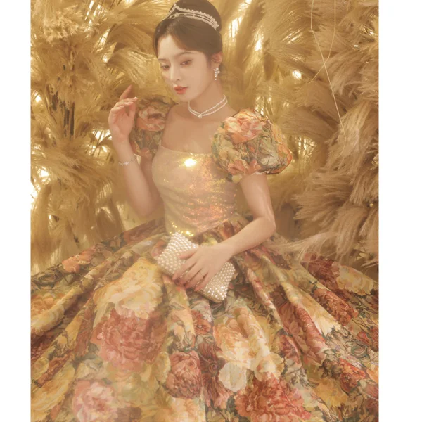 Vintage / Retro Fancy Gold Printing Prom Dresses 2023 A-Line / Princess Square Neckline Puffy Short Sleeve Backless Floor-Length / Long Prom Formal Dresses
