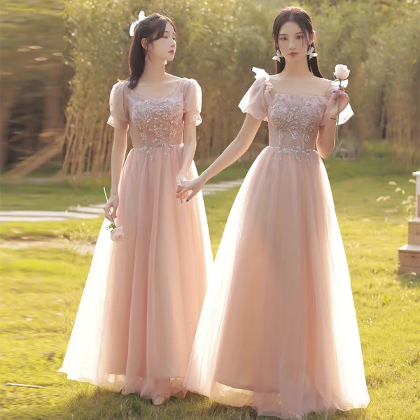 Chic / Beautiful Blushing Pink Beading Bridesmaid Dresses 2022 A-Line / Princess Short Sleeve Backless Floor-Length / Long Bridesmaid Dresses