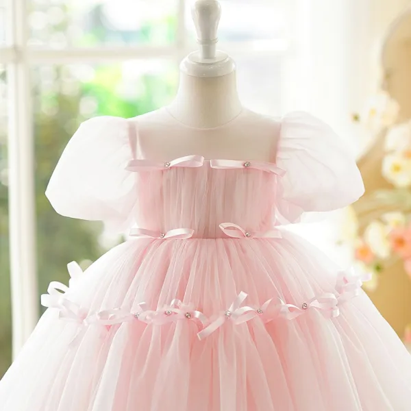 Chic / Beautiful Blushing Pink Bow Short Birthday Flower Girl Dresses 2024 Ball Gown Scoop Neck Puffy Short Sleeve Backless