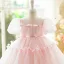 Chic / Beautiful Blushing Pink Bow Short Birthday Flower Girl Dresses 2024 Ball Gown Scoop Neck Puffy Short Sleeve Backless