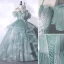 Elegant Sage Green Beading Lace Flower Cascading Ruffles Prom Dresses 2023 Ball Gown Spaghetti Straps Short Sleeve Backless Floor-Length / Long Prom Formal Dresses