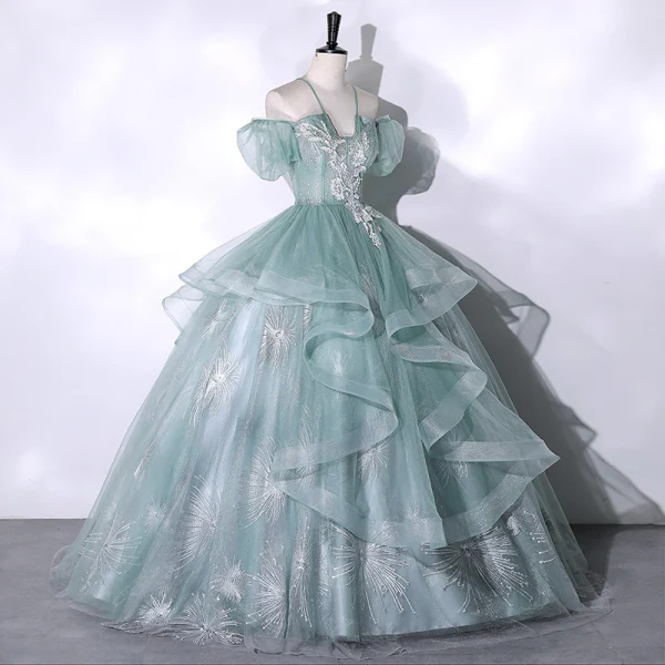 Elegant Sage Green Beading Lace Flower Cascading Ruffles Prom Dresses 2023 Ball Gown Spaghetti Straps Short Sleeve Backless Floor-Length / Long Prom Formal Dresses