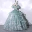 Elegant Sage Green Beading Lace Flower Cascading Ruffles Prom Dresses 2023 Ball Gown Spaghetti Straps Short Sleeve Backless Floor-Length / Long Prom Formal Dresses