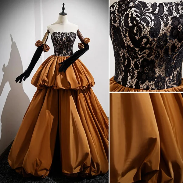 Chic / Beautiful Caramel Cascading Ruffles Prom Dresses 2022 A-Line / Princess Strapless Sleeveless Backless Floor-Length / Long Prom Formal Dresses