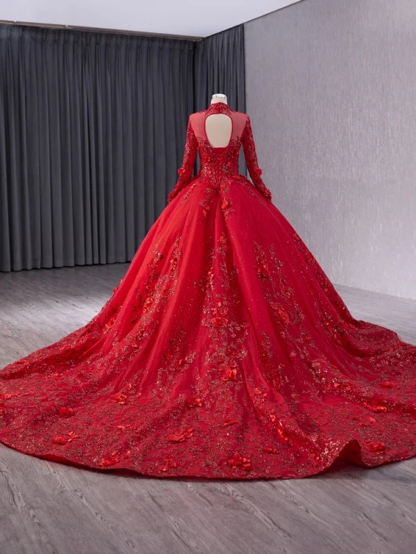 High-end Red Handmade  Beading Pearl Sequins Appliques Prom Dresses 2024 Ball Gown High Neck Long Sleeve Backless Chapel Train Prom Formal Dresses