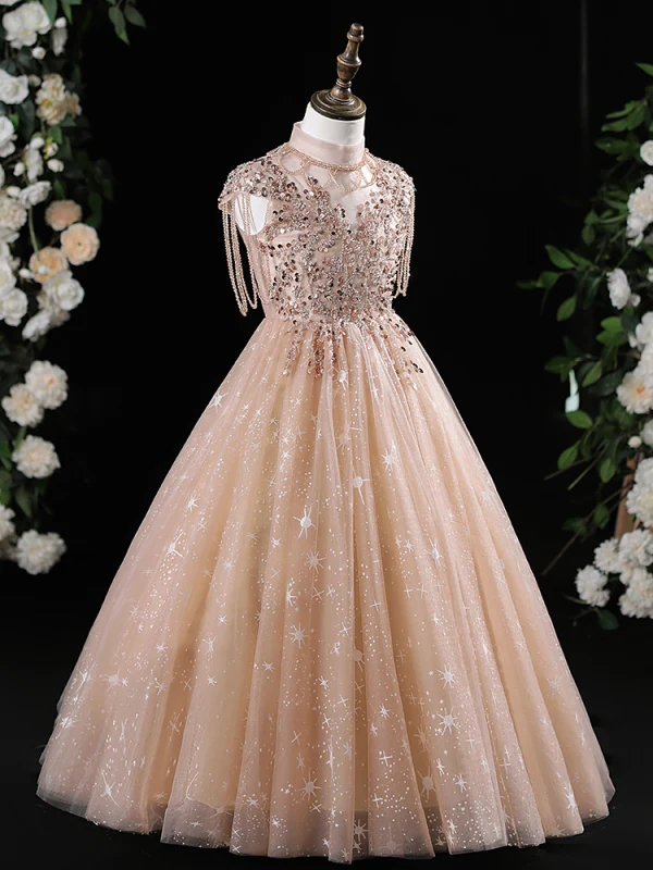 Bling Bling Champagne Beading Sequins Birthday Flower Girl Dresses 2024 A-Line / Princess High Neck Sleeveless Floor-Length / Long