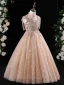 Bling Bling Champagne Beading Sequins Birthday Flower Girl Dresses 2024 A-Line / Princess High Neck Sleeveless Floor-Length / Long