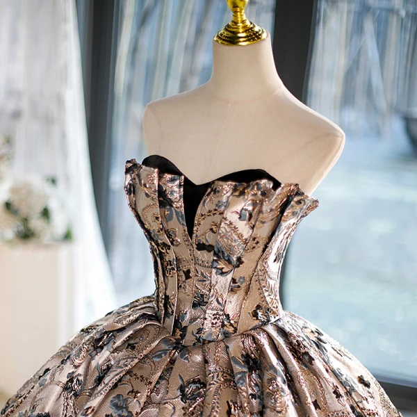 Vintage Champagner Blumen Ballkleider Ballkleid 2023 Bandeau Ärmellos Rückenfreies Lange Ball Festliche Kleider