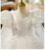 Elegant White Pearl Rhinestone Appliques Birthday Flower Girl Dresses 2025 Ball Gown With Cloak Scoop Neck Puffy Short Sleeve Floor-Length / Long