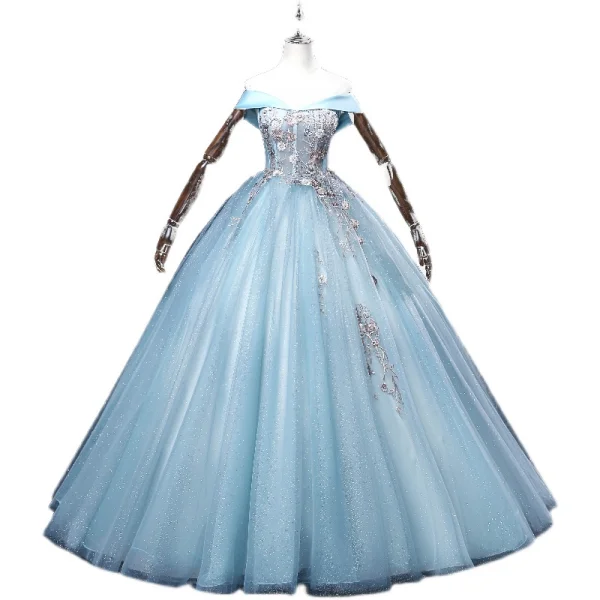 Elegant Sky Blue Sequins Lace Flower Prom Dresses 2022 Ball Gown Off-The-Shoulder Sleeveless Backless Floor-Length / Long Prom Formal Dresses