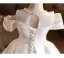Elegant White Pearl Flower Satin Wedding Flower Girl Dresses 2026 Ball Gown Off-The-Shoulder Short Sleeve Floor-Length / Long