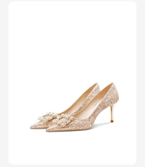 Sparkly Gold Sequins Rhinestone Leather Wedding Shoes 2026 6 Cm Stiletto Heels Pointed Toe Pumps High Heels