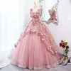 Flower Fairy Candy Pink Appliques Sequins Prom Dresses 2022 Ball Gown Scoop Neck Sleeveless Backless Floor-Length / Long Prom Formal Dresses