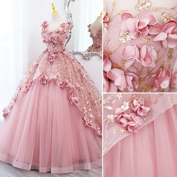Flower Fairy Candy Pink Appliques Sequins Prom Dresses 2022 Ball Gown Scoop Neck Sleeveless Backless Floor-Length / Long Prom Formal Dresses