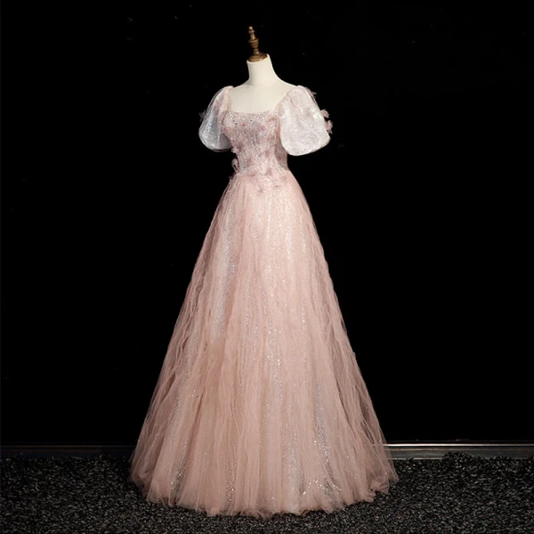 Charmant Rougissant Rose Paillettes Robe De Bal 2023 Princesse Encolure Carrée Manches Courtes Dos Nu Longue Robe De Ceremonie