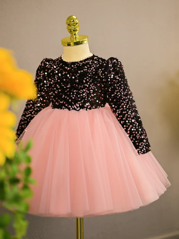 Chic / Beautiful Blushing Pink Bow Sequins Birthday Flower Girl Dresses 2024 Ball Gown Scoop Neck Short Long Sleeve