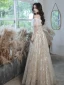 Glitzernden Sexy Champagner Pailletten Abendkleider 2023 A Linie Off Shoulder Schleife Kurze Ärmel Rückenfreies Lange Abend Festliche Kleider