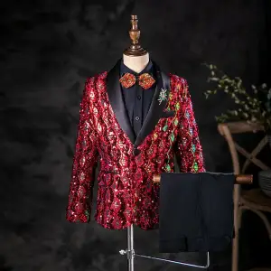 Scintillantes Bordeaux Paillettes 5 Pièces Manches Longues Costume Garçon Mariage 2025 Bijoux De Corps Manteau Chemise Cravate Pantalon